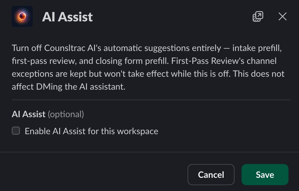 AI Assist editor with the workspace-wide master switch turned off