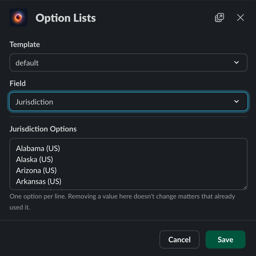 Option Lists editor showing a customized Jurisdiction dropdown