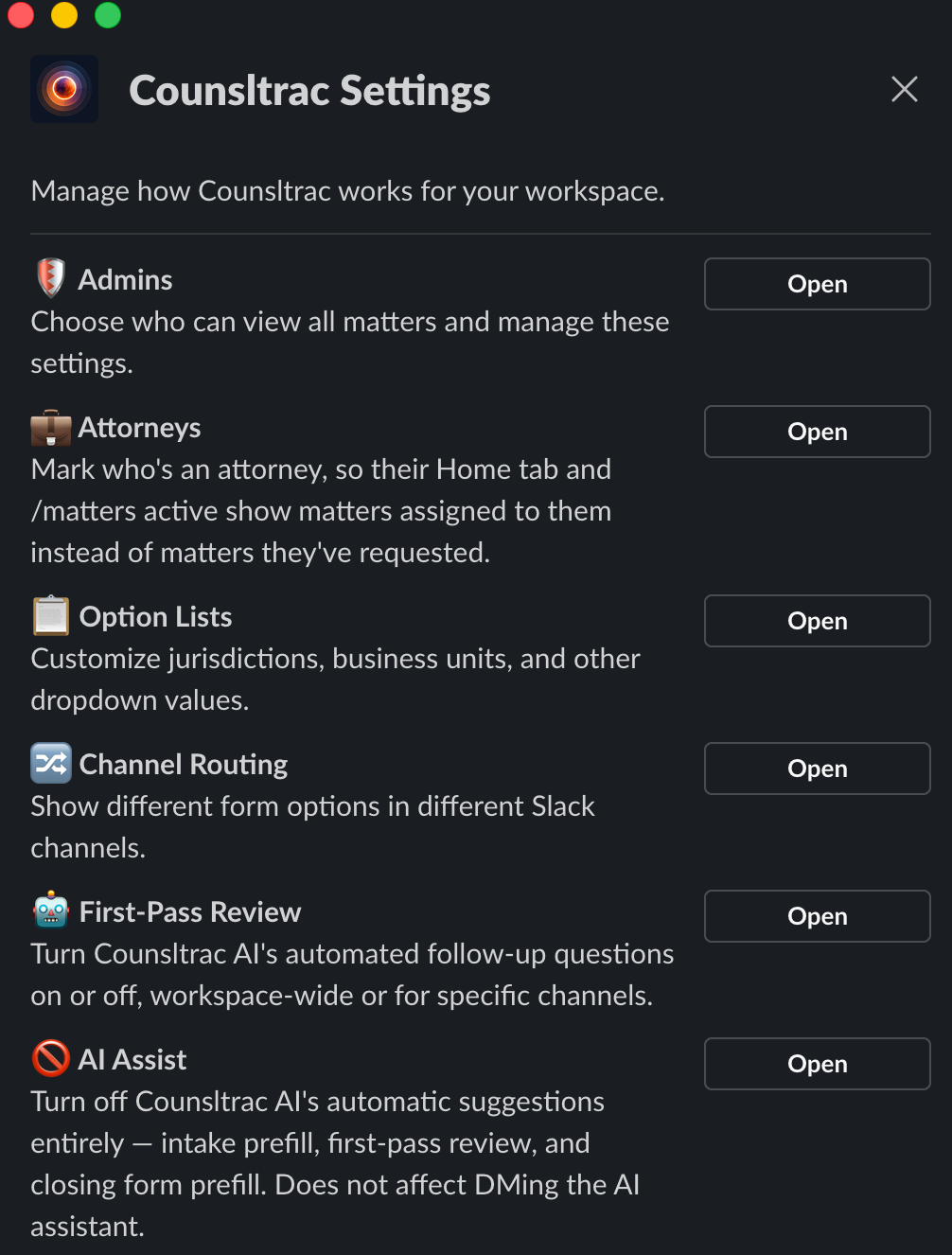 Counsltrac Settings menu showing Option Lists, Channel Routing, First-Pass Review, AI Assist, Attorneys, and Admins sections