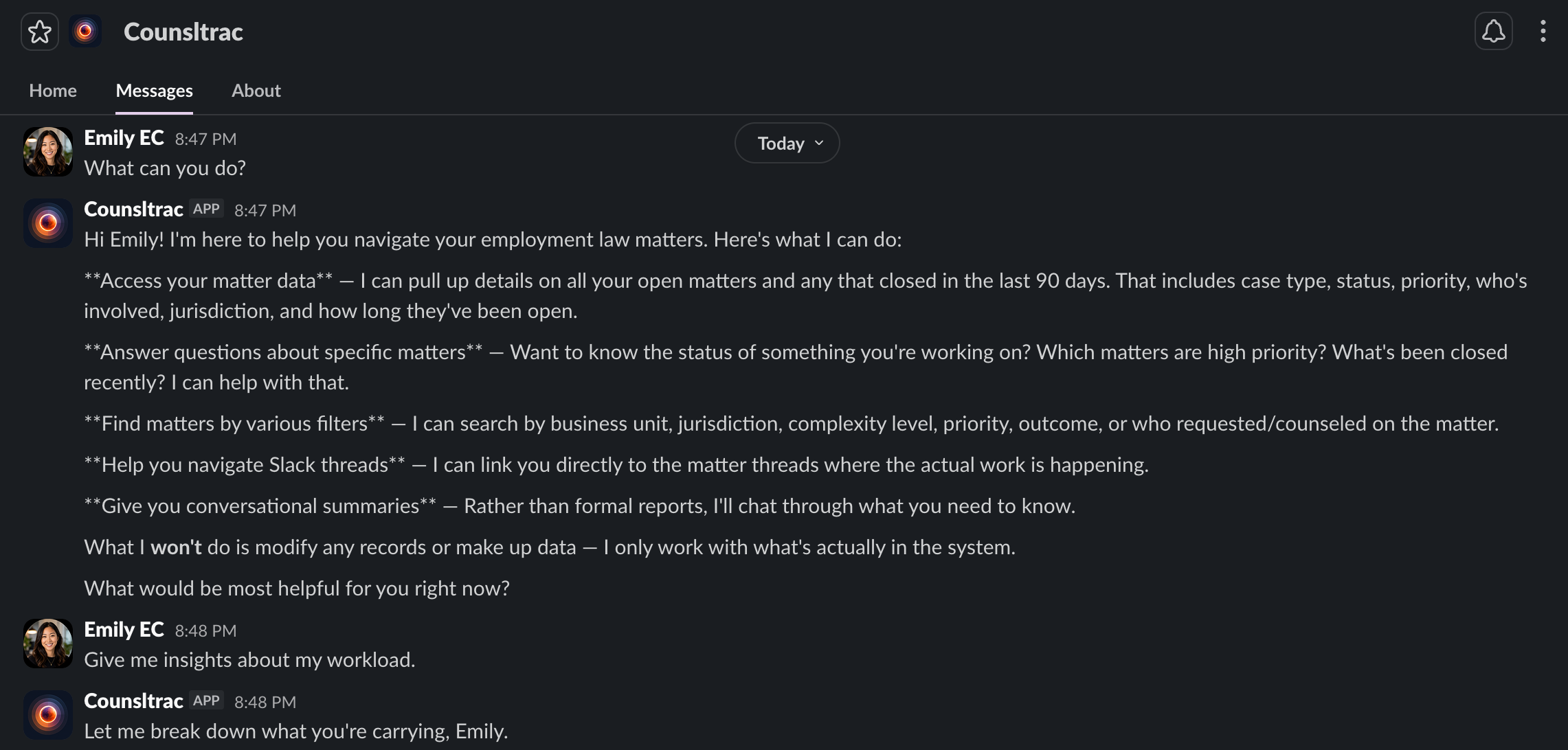 Counsltrac AI responding conversationally via direct message