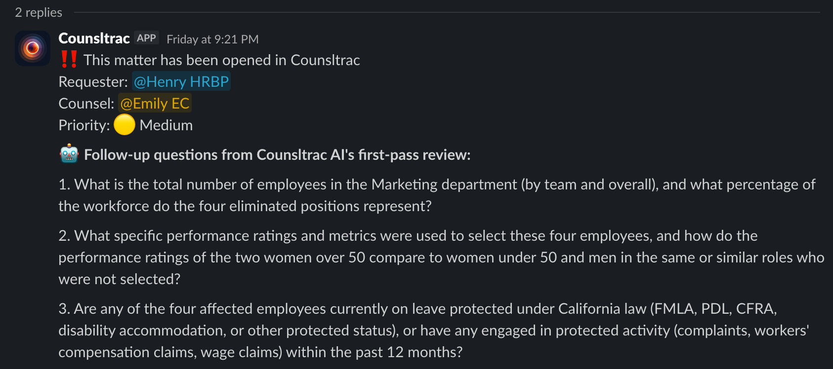 AI-generated intake follow-up questions posted in a Slack thread