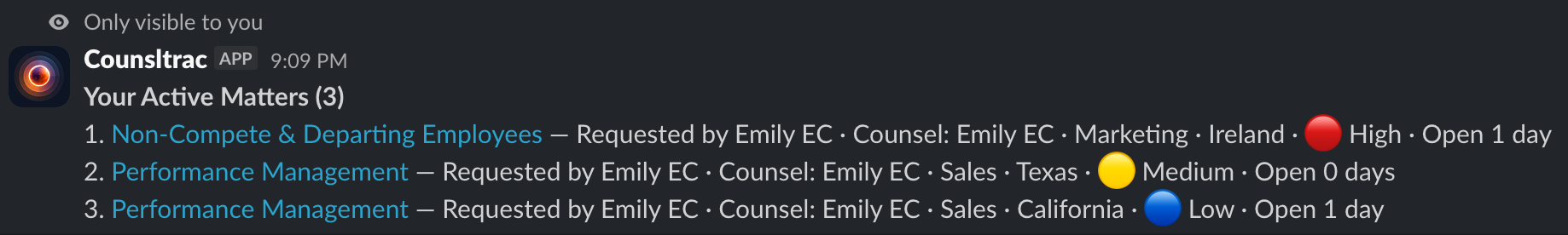 /matters active command showing list of open matters with priority, counsel, business unit, and days open
