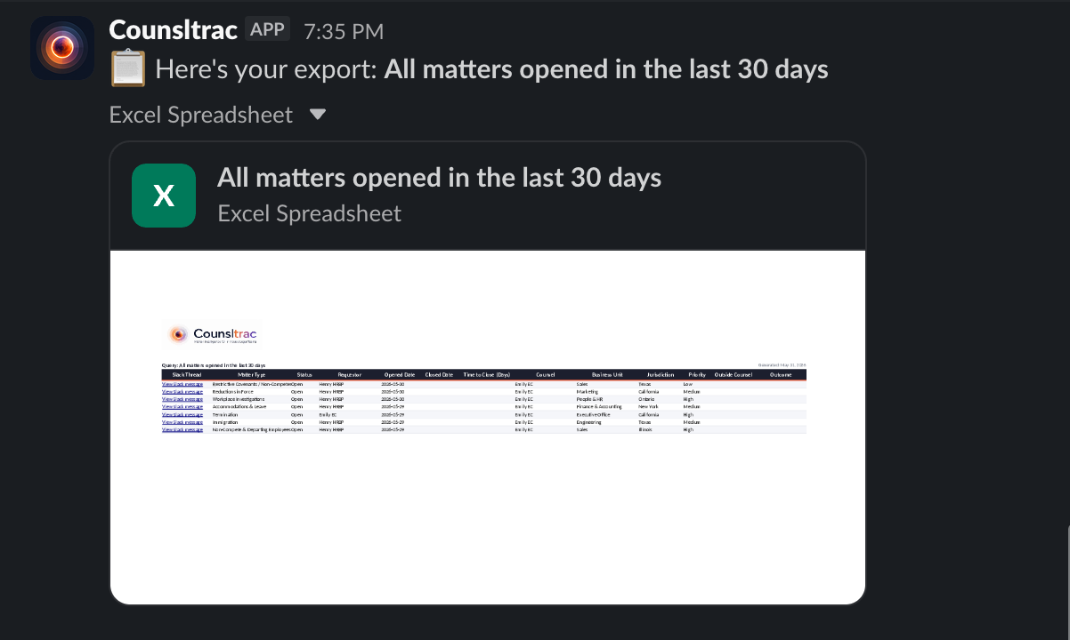 /matters export generating an Excel spreadsheet of all matters
