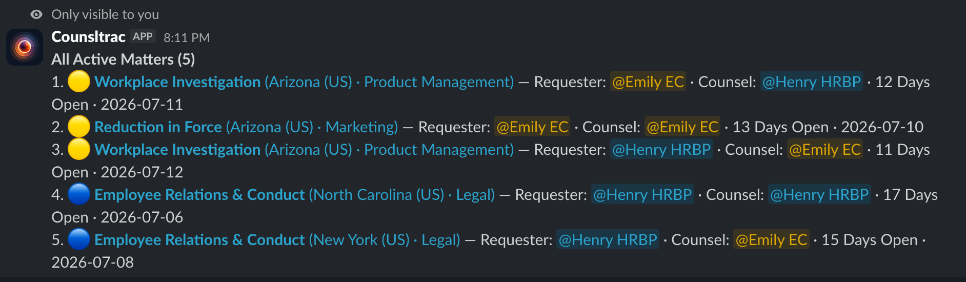 /matters team command showing every open matter the viewer has visibility into, workspace-wide