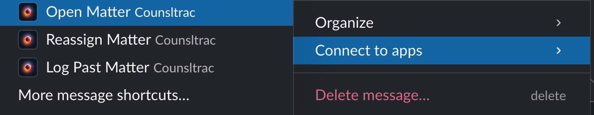 Selecting Open Matter from Slack's Connect to apps message menu