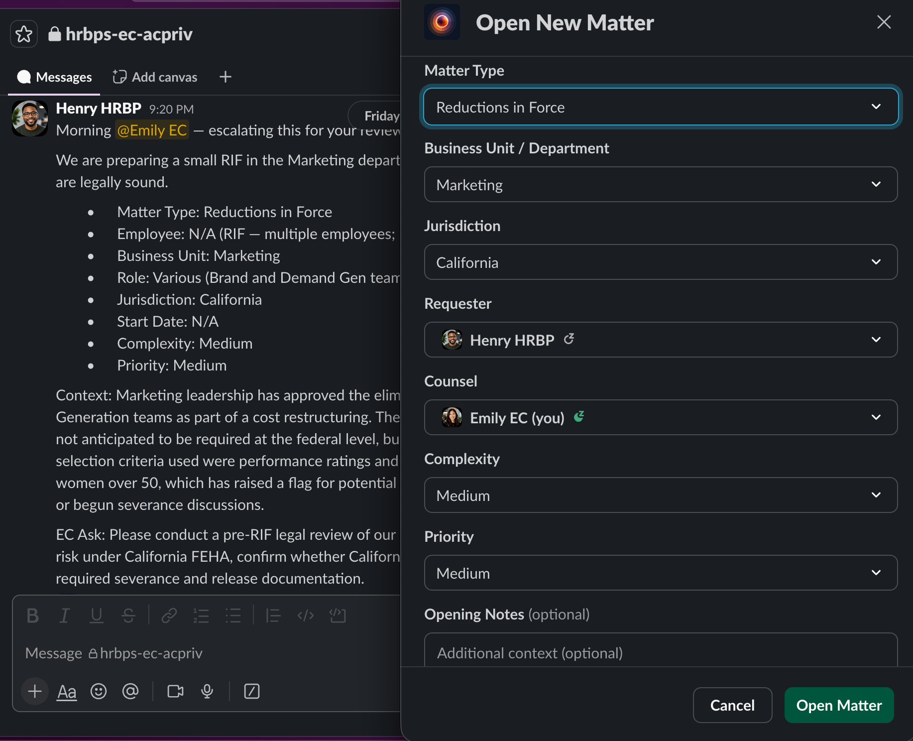 Open Matter modal with auto-populated fields