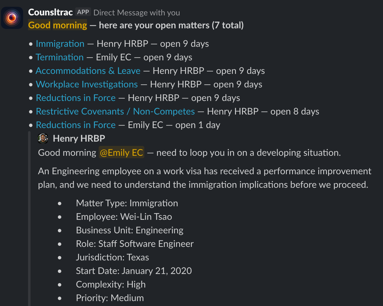 Counsltrac Monday morning digest showing all open matters with thread links